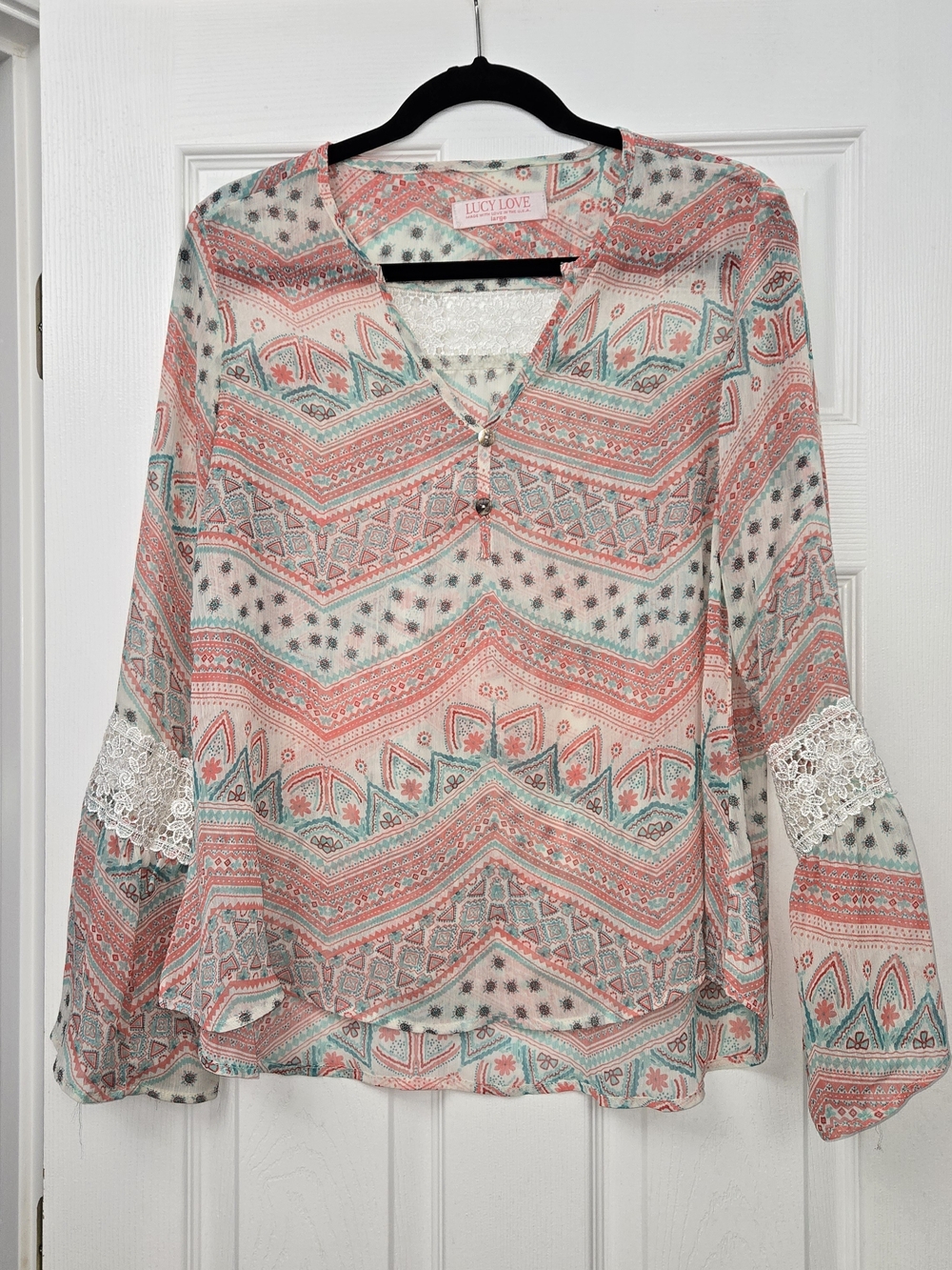 Lucy Love Womens Large Boho Tribal Print Bell Sleeve Blouse Lace Trim Sheer Top